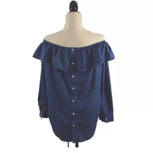 Ann Taylor Denim Off The Shoulder Cotton Blouse Size Large - Picture 4 of 9